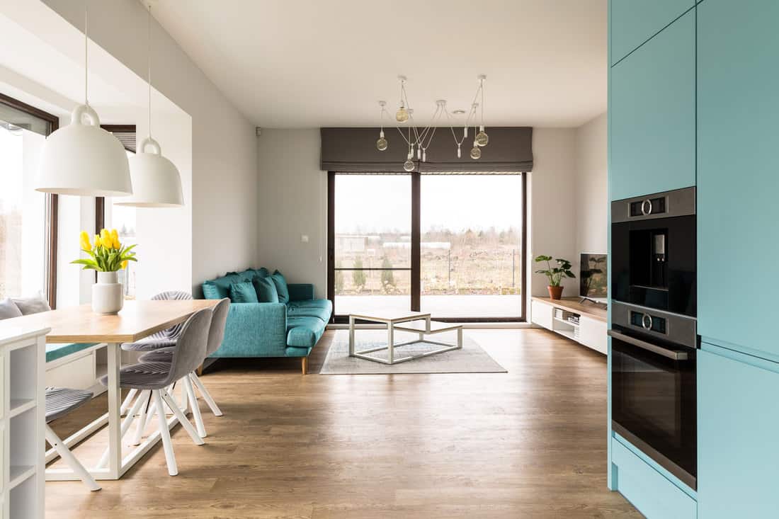 Interior of an ultra modern open space kitchen with laminated flooring, sky blue long sofa, and a sky blue kitchen cabinets, Can You Use Kitchen Paint In The Living Room?