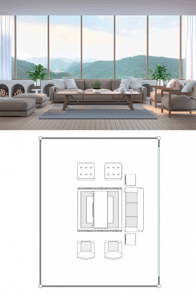 Intérieur d'un salon luxueux avec d'immenses fenêtres, des plantes d'intérieur, un canapé en coupe gris et un tapis gris