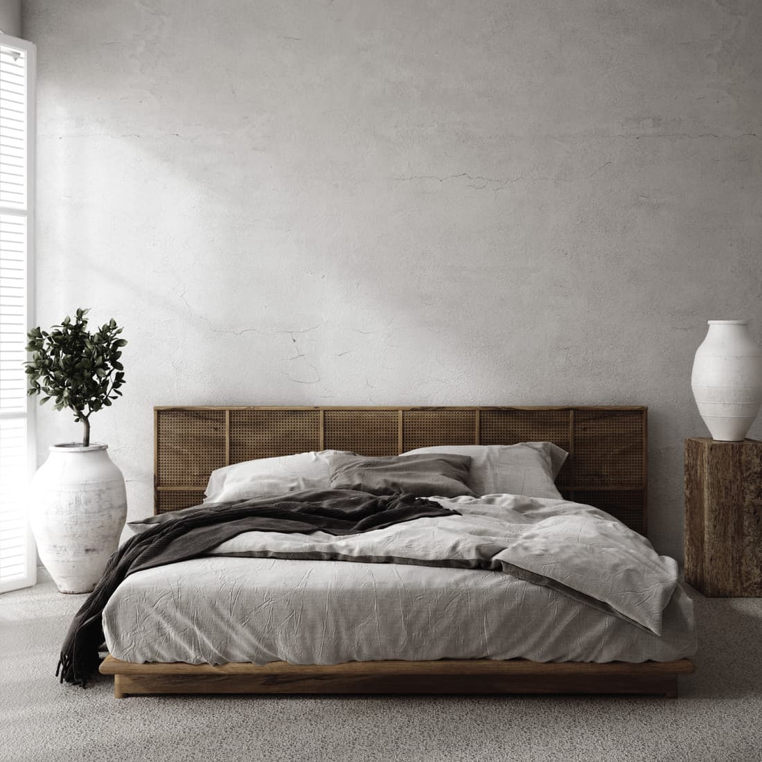 Luxury bedroom interior with minimal decor, loft style. Block Of Wood As Bedside Table
