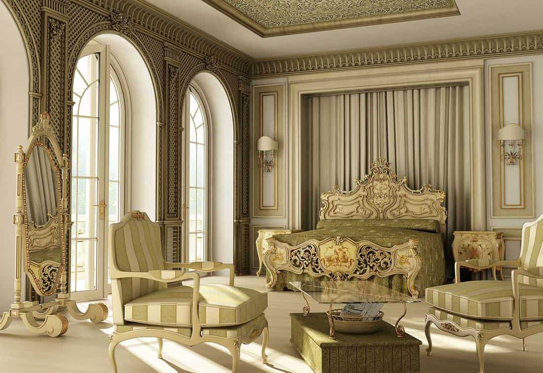 Luxury rococo bedroom with double window on balcony