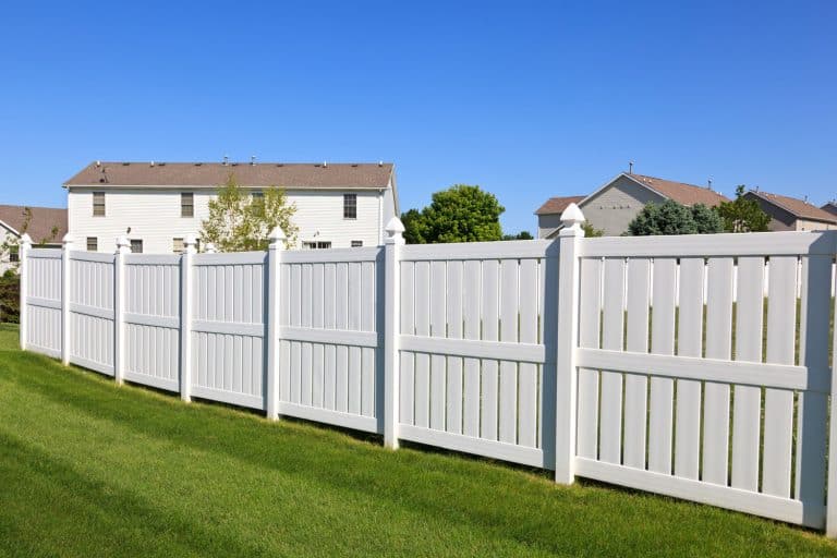 New and contemporary white vinyl fence in a nicely landscaped back yard with blue sky in the background, 13 Types Of Fences For Your Backyard