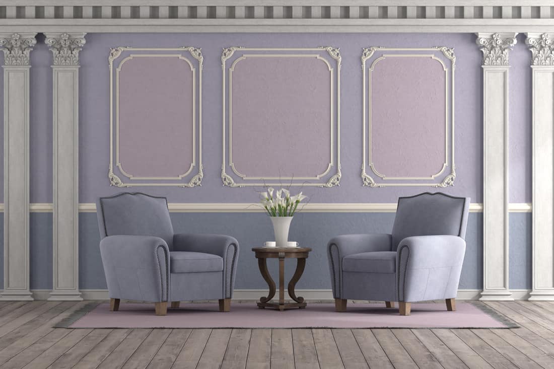 Retro style living room with pastel color,elegant armchair and classic decor elements. Play With Molding And Paint Colors