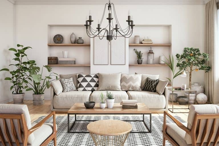 Scandinavian interior design living room with beige colored furniture and wooden elements, How Low Can You Hang A Chandelier In A Living Room?