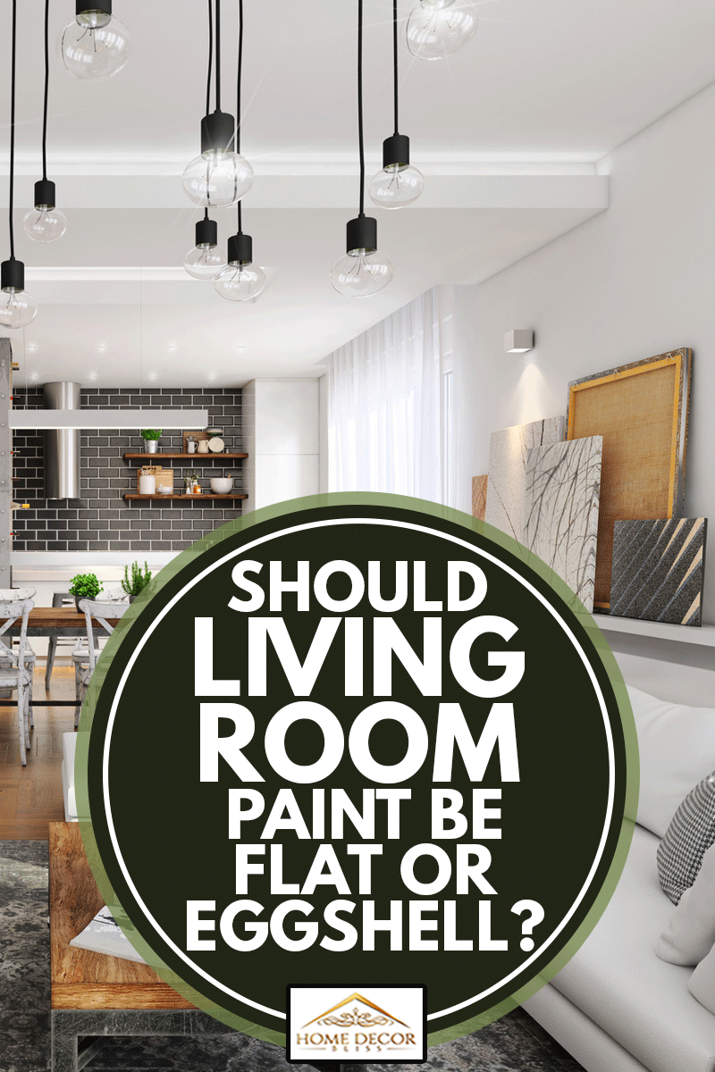 A newly painted living room wall with large white sofa, vintage decorative carpet, coffee table with coffee, seat, dining table with armchairs,Should Living Room Paint Be Flat Or Eggshell?