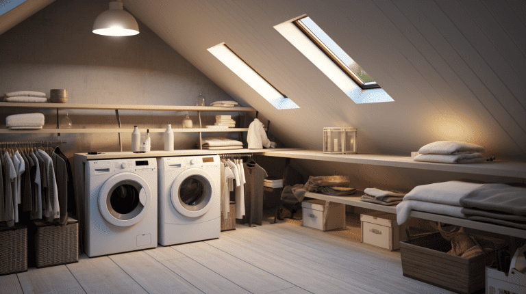 a hyperrealistic attic laundry space household with abundant natural light and a row of hanging dome pendant lights for functional and stylish illumination1600x900