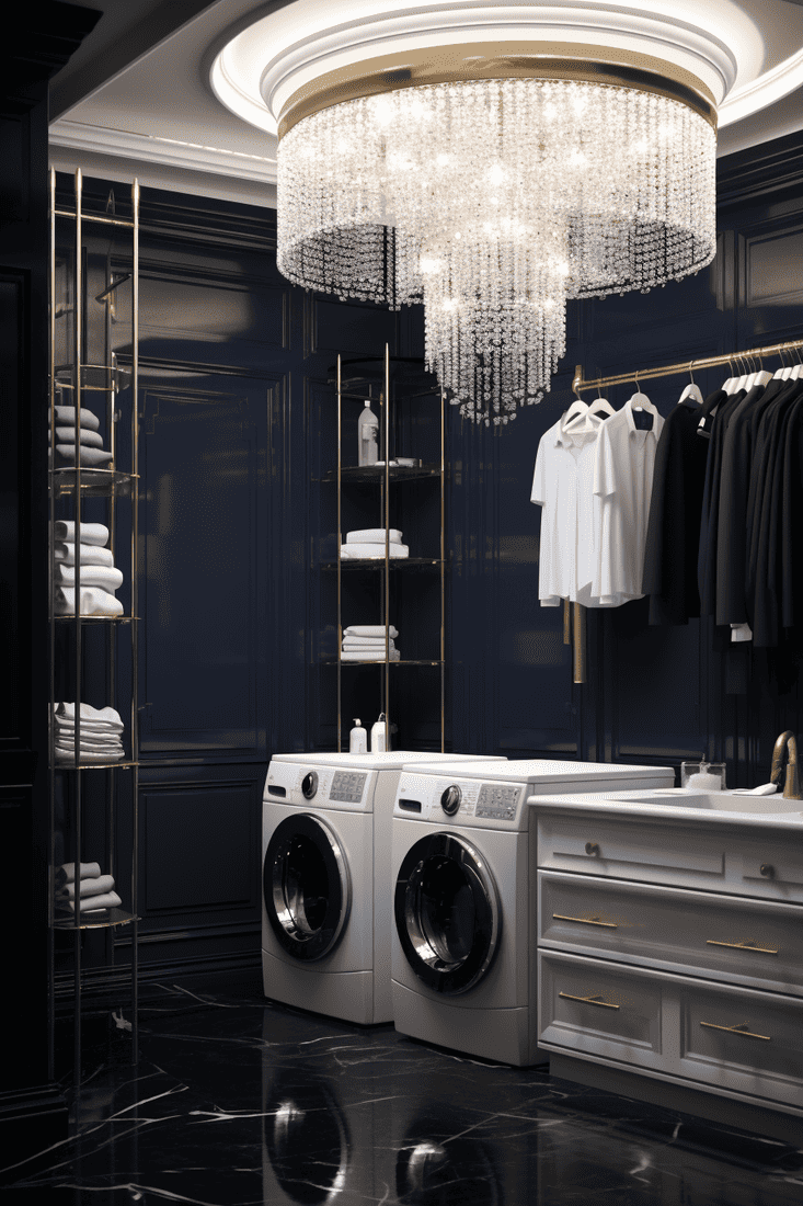 a hyperrealistic laundry room and closet combination fit for royalty, featuring can-type lights and a dropped crystal chandelier for a touch of decadence. Royal laundry room decor style