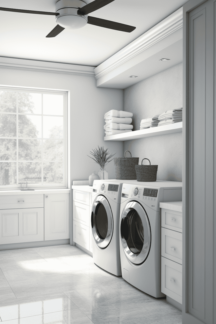 a hyperrealistic laundry room with a ceiling fan and light combination, offering both illumination and cooling, perfect for practicality and aesthetics. Light and fan combo decor style