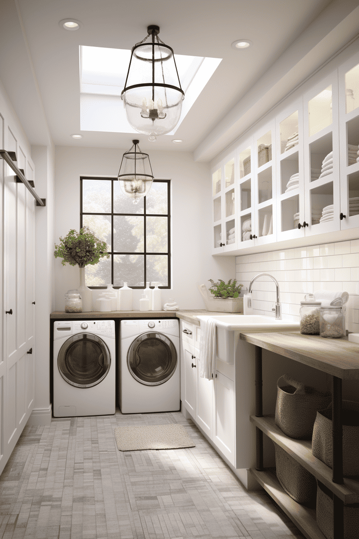 a hyperrealistic laundry room with a farmhouse-inspired design, featuring a four-candle pendant light to add character and charm to the space
