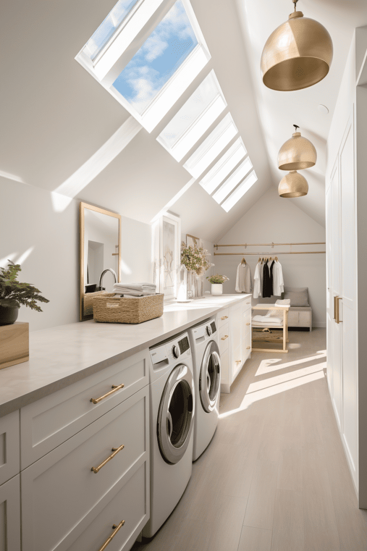 a well-lit attic 2 laundry space with an abundance of natural light streaming in through a large window