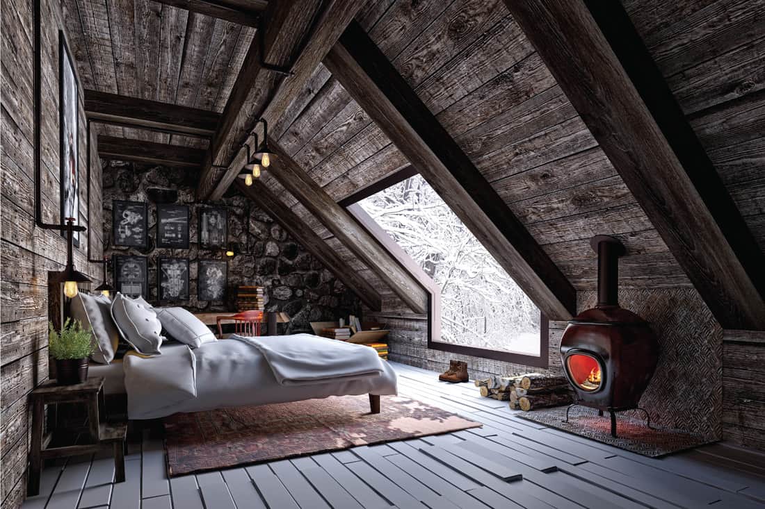 attic bedroom with wood panels, large windows, industrial pendant lights