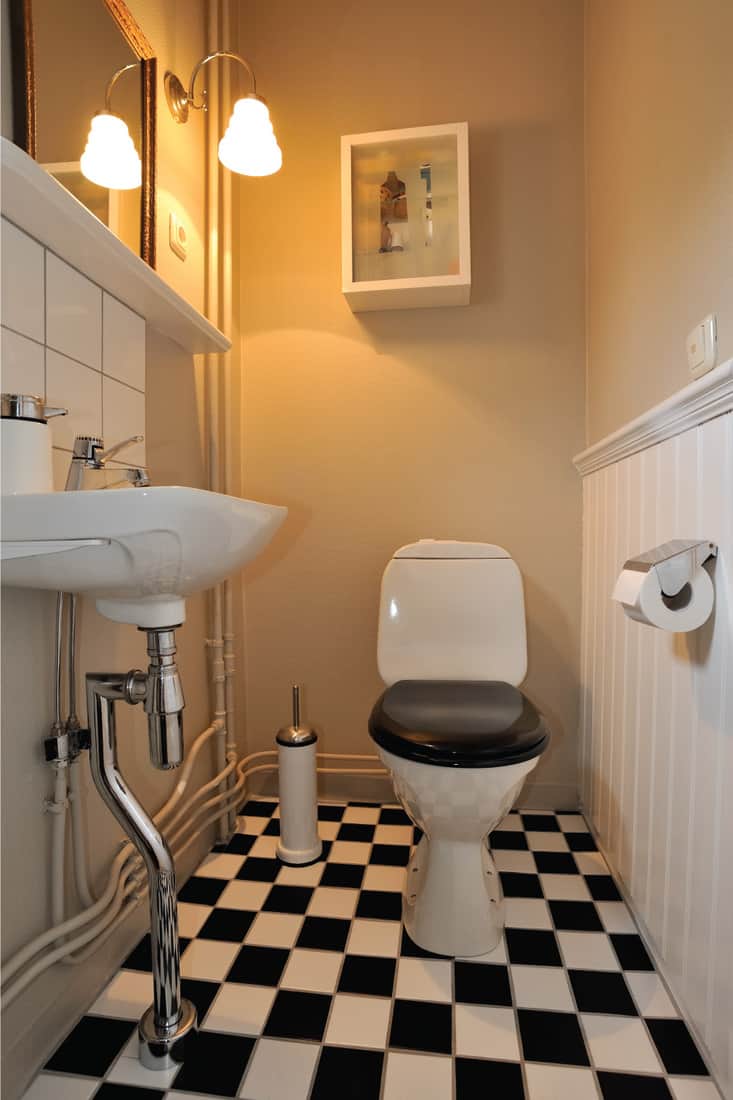 bathroom with black and white tiles, black toilet seat cover, Light Greige colored walls