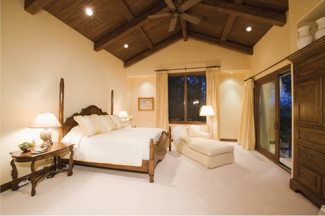 bedroom with wooden high ceiling and tiny spotlights. 11 Cool High Ceiling Lighting Ideas
