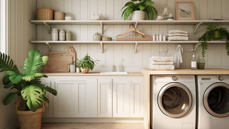 laundry room with wainscoting, white painted wood, unfinished shelf between washer and dryer, organizational baskets, green plants and vines, and cabinets resembling barn aesthetics, 11 Farmhouse Laundry Room Ideas You Need To See - 1600x900