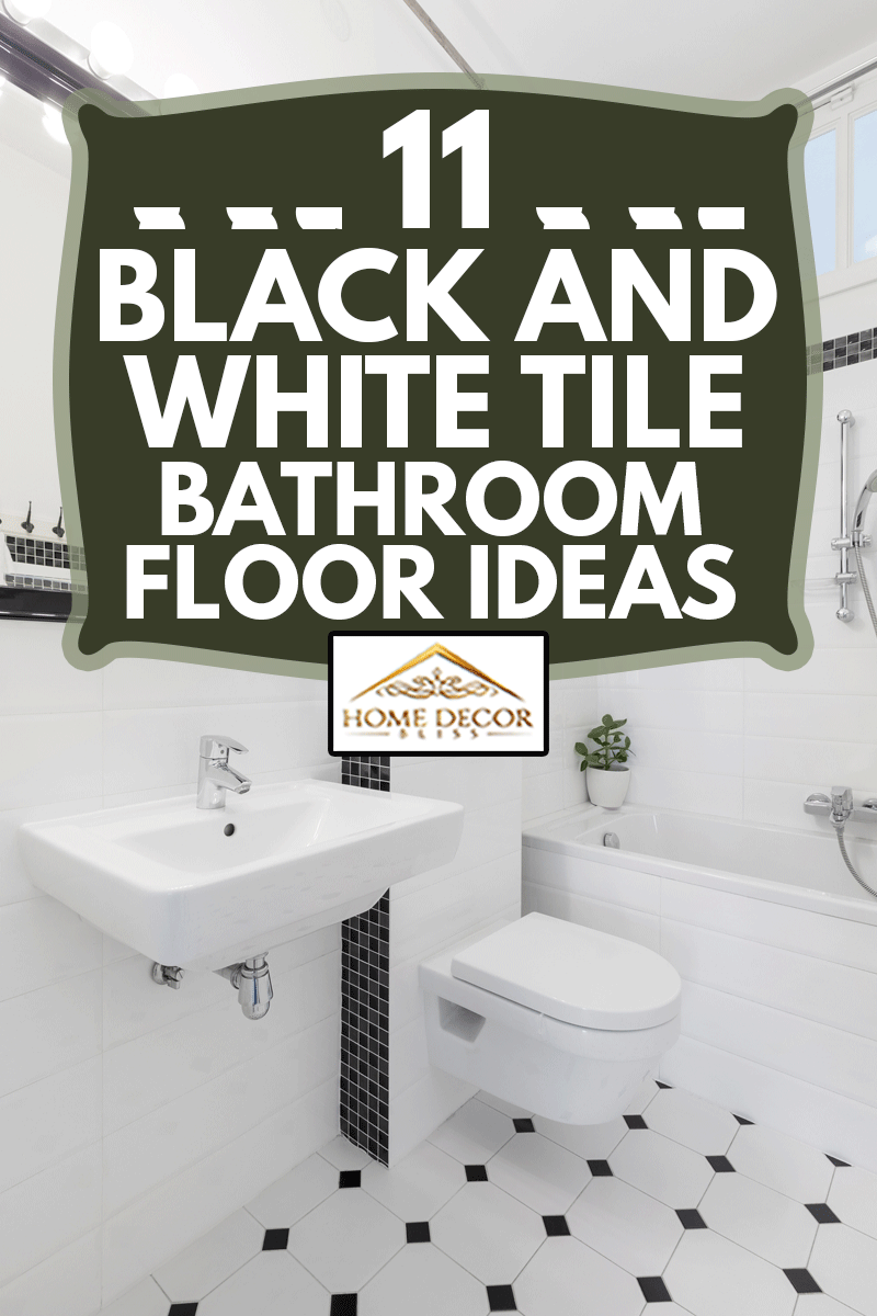 Miroir au-dessus du lavabo à l'intérieur de la salle de bain en noir et blanc avec toilettes et baignoire, 11 idées de sol de salle de bain en carrelage noir et blanc