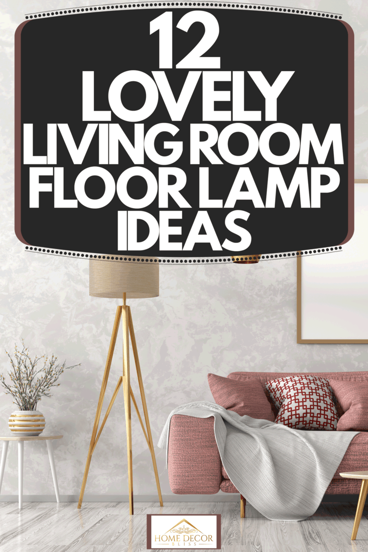 A gorgeous Scandinavian themed living room with a light red colored sofa, patterned throw pillows, and a tall floor lamp, 12 Lovely Living Room Floor Lamp Ideas