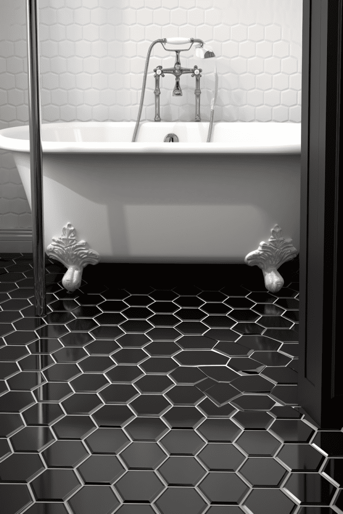 A hyperrealistic depiction of a white-bordered hexagon tile floor with predominantly black tiles. 