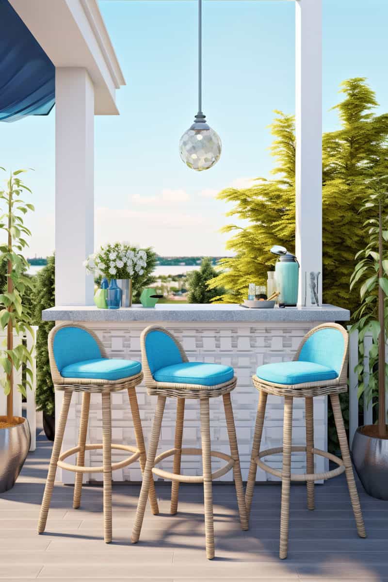 back patio bar setup with a bar-height table, white and blue rattan stools, and a summery atmosphere