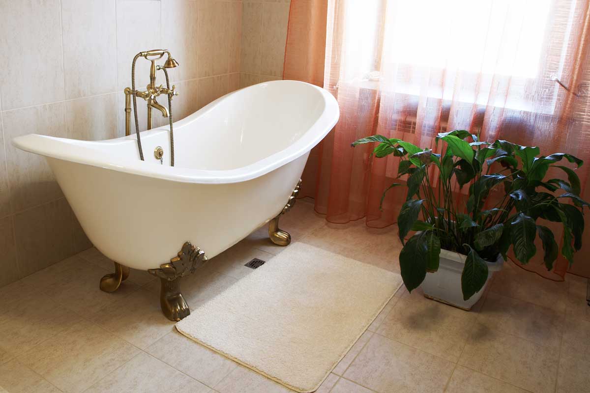 Bathroom with a beautiful bathtub and house plant, 11 Farmhouse Bathroom Floor Ideas You'll Love