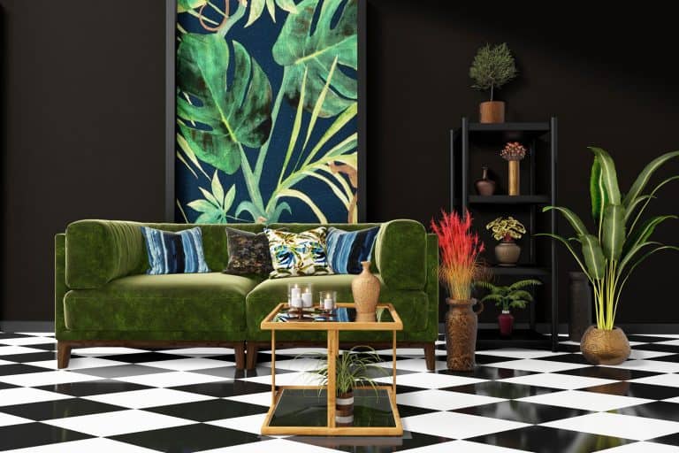 Beautiful Interior design with a jungle printed feature wall, black and white checker tiles and decorative tropical plants, 11 of the Best Tiles for a Living Room Floor