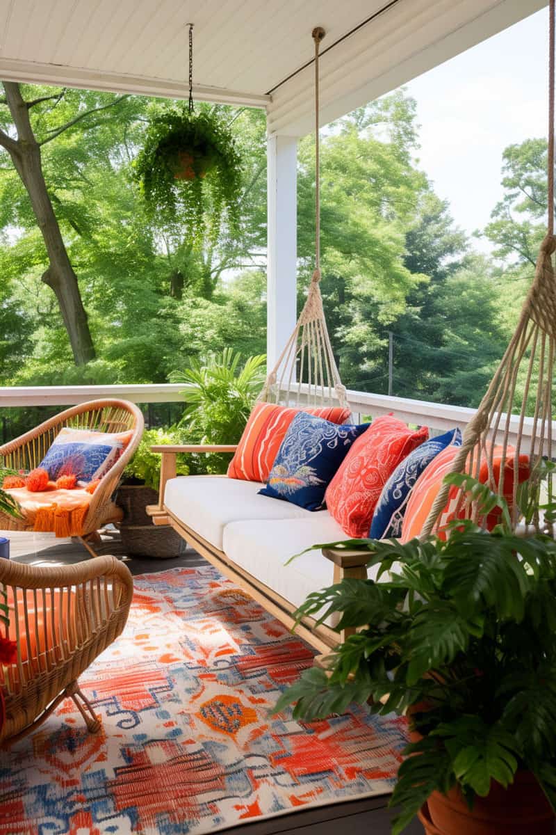 boho-style back porch dominated by bold colors, a sectional, hanging chair, and touches of greenery