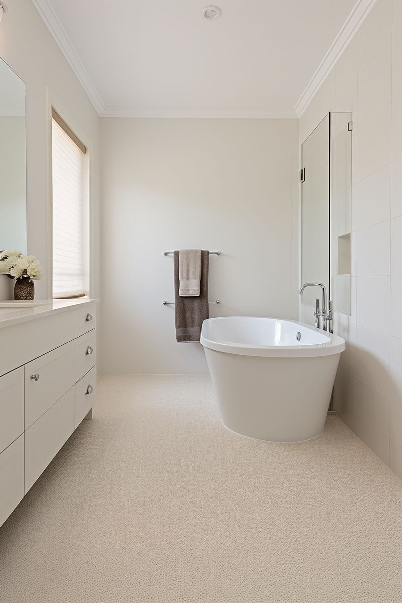 image of a clean bathroom with carpet flooring, focusing on its installation and texture