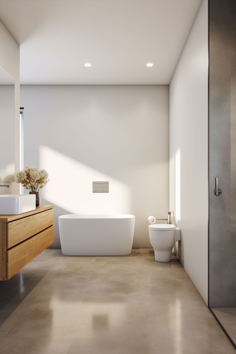 image showcasing a bathroom with modern, smooth, and polished concrete flooring