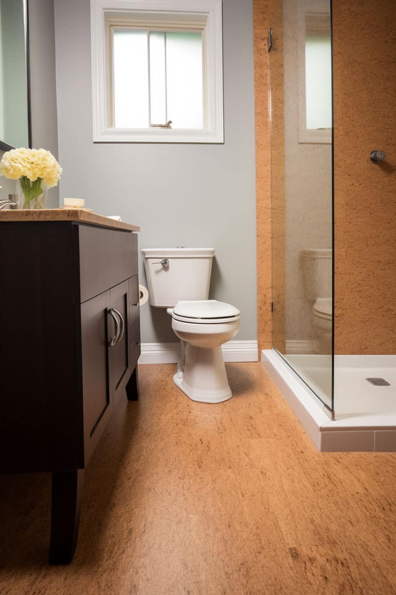 image of a bathroom featuring cork flooring, highlighting its soft texture and unique appearance