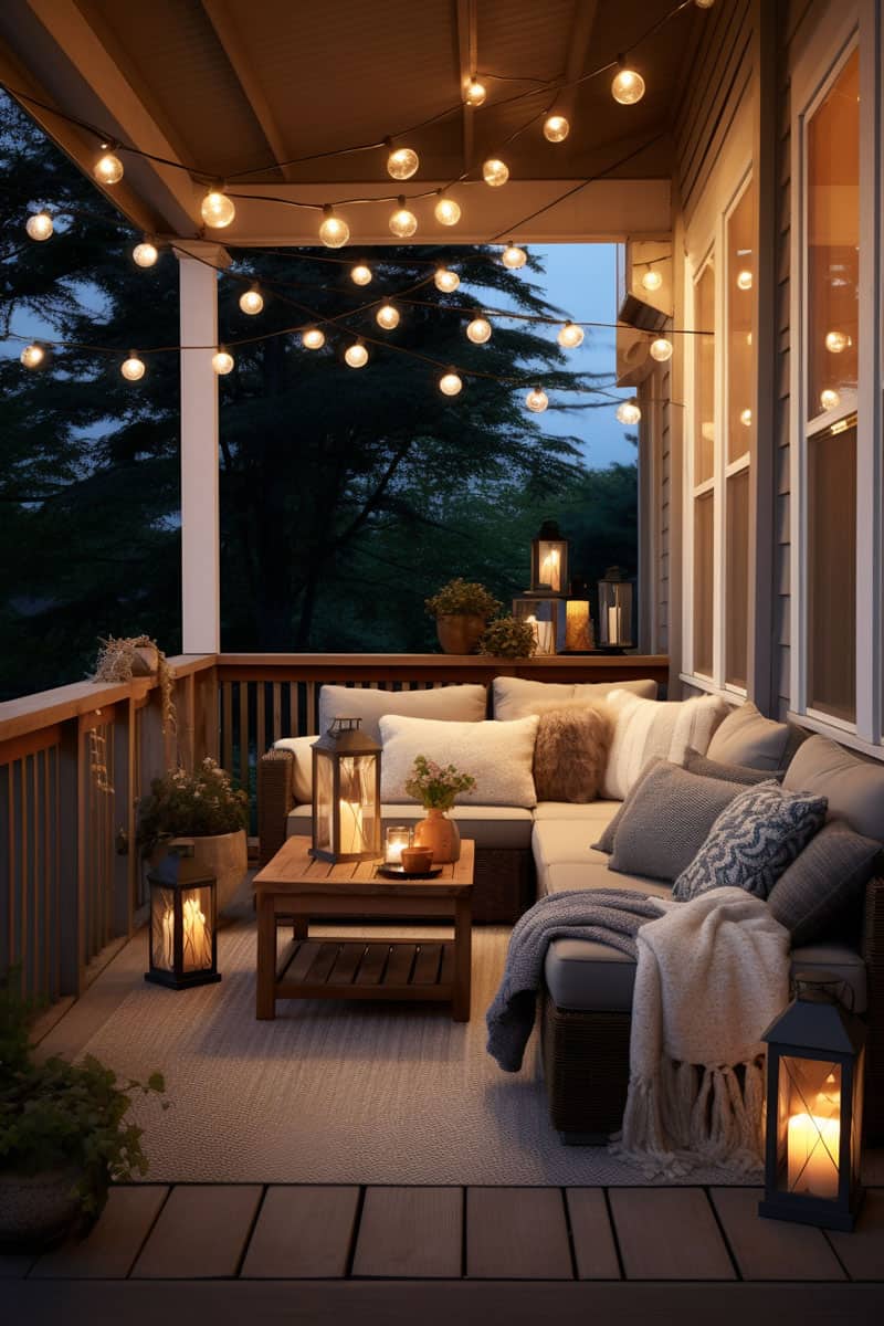 porch adorned with throw pillows, light blankets, wooden furniture, and a mix of lighting sources including string lights, lanterns, and candles