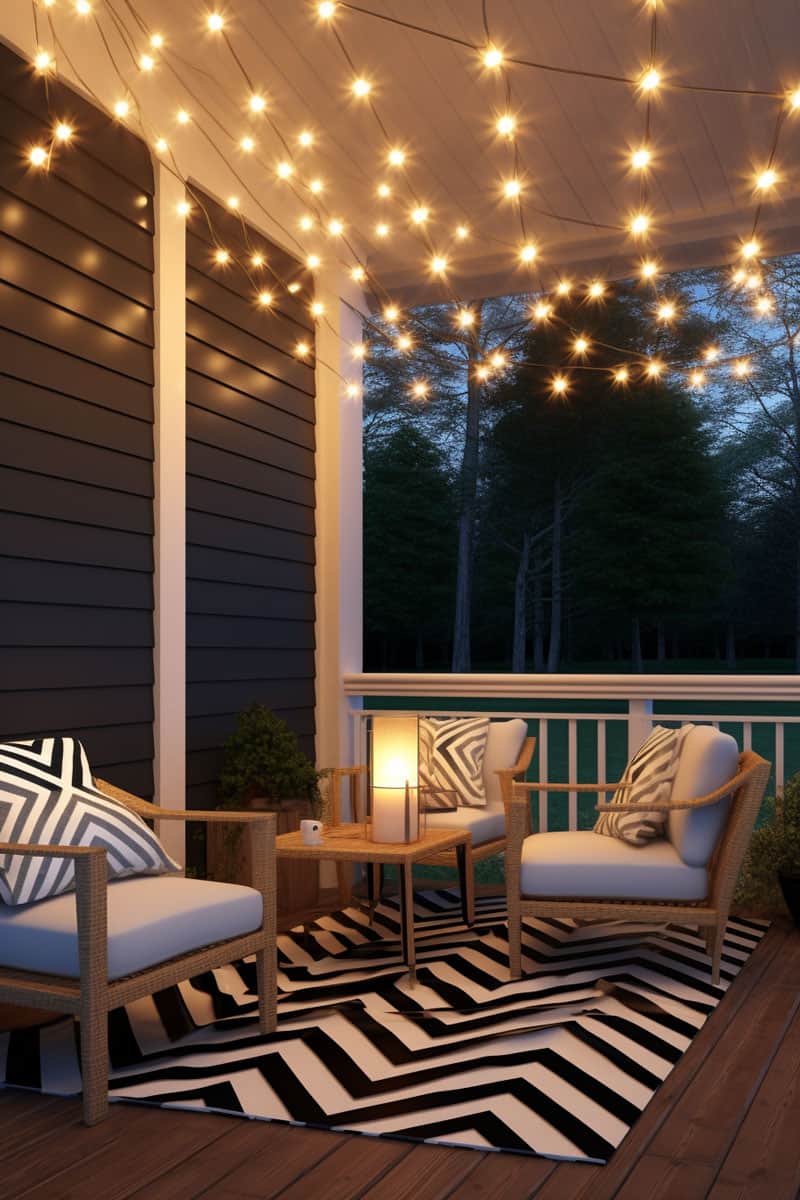 wooden porch swing with rope details, complemented by light and neutral cushions and pillows