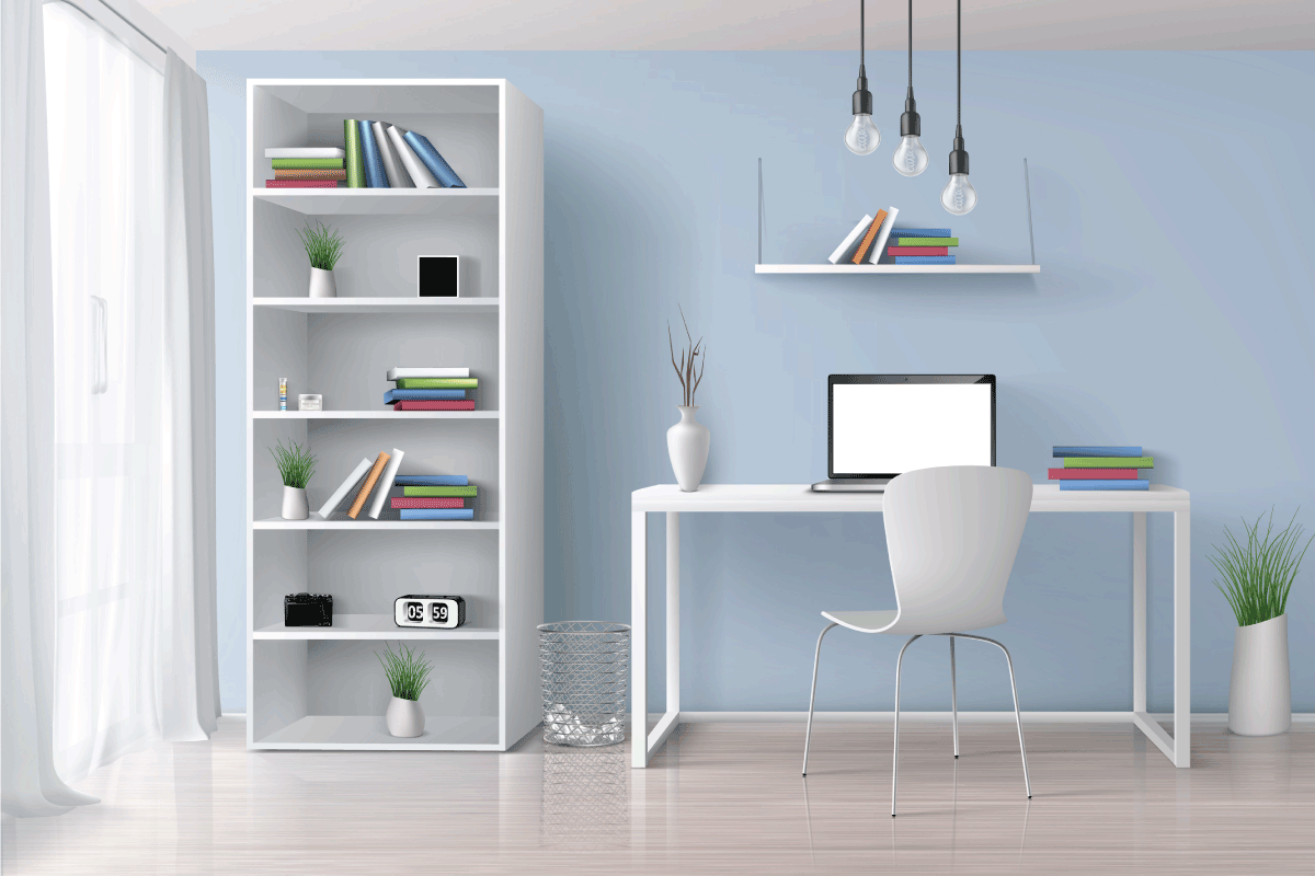 Home office sunny room with simple, white furniture, bookshelf on blue wall. Do Ikea Billy Bookcases Sag