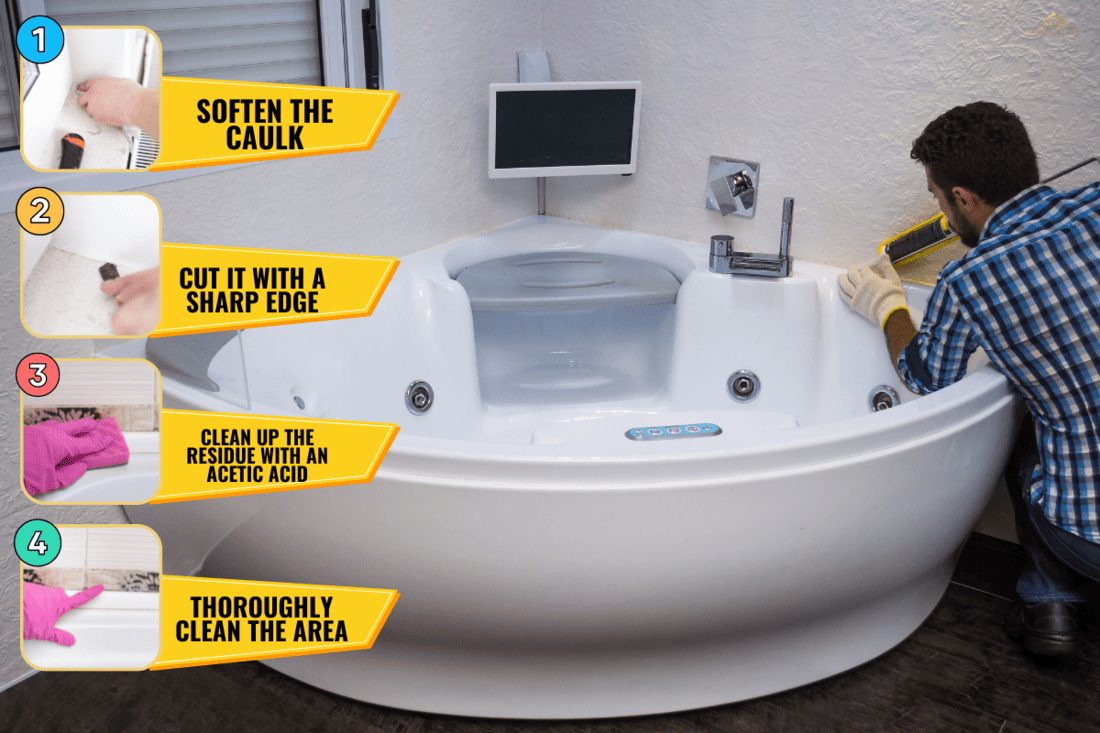 Installation of modern bath, (hot tub), applying sealant, bathtub with tv. - How To Remove Silicone Caulk From Acrylic Tub In 4 Steps