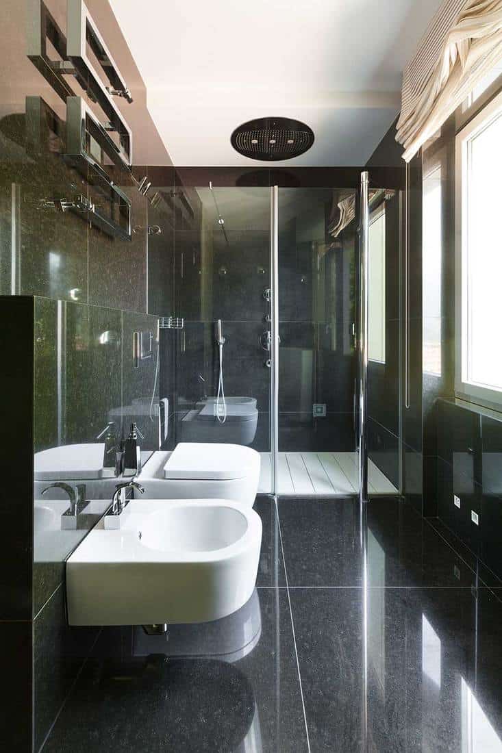 Interior modern house, black bathroom, toilet and bidet view