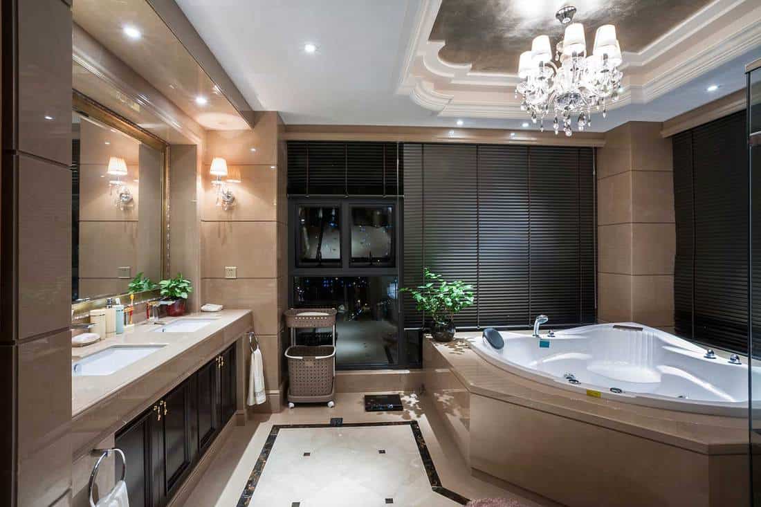 Interior of luxury bathroom with bathtub, double sink and large mirror