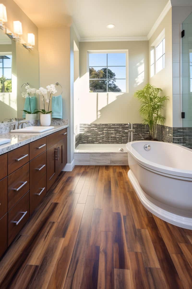 image that captures the appearance of laminate flooring in a bathroom, showcasing its various patterns and resemblance to stone and wood flooring