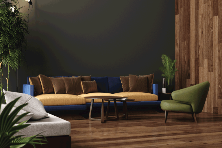 Luxury modern living room interior, dark green brown wall, modern sofa with armchair and plants. What Wall Colors Go Best With Dark Wood Floors