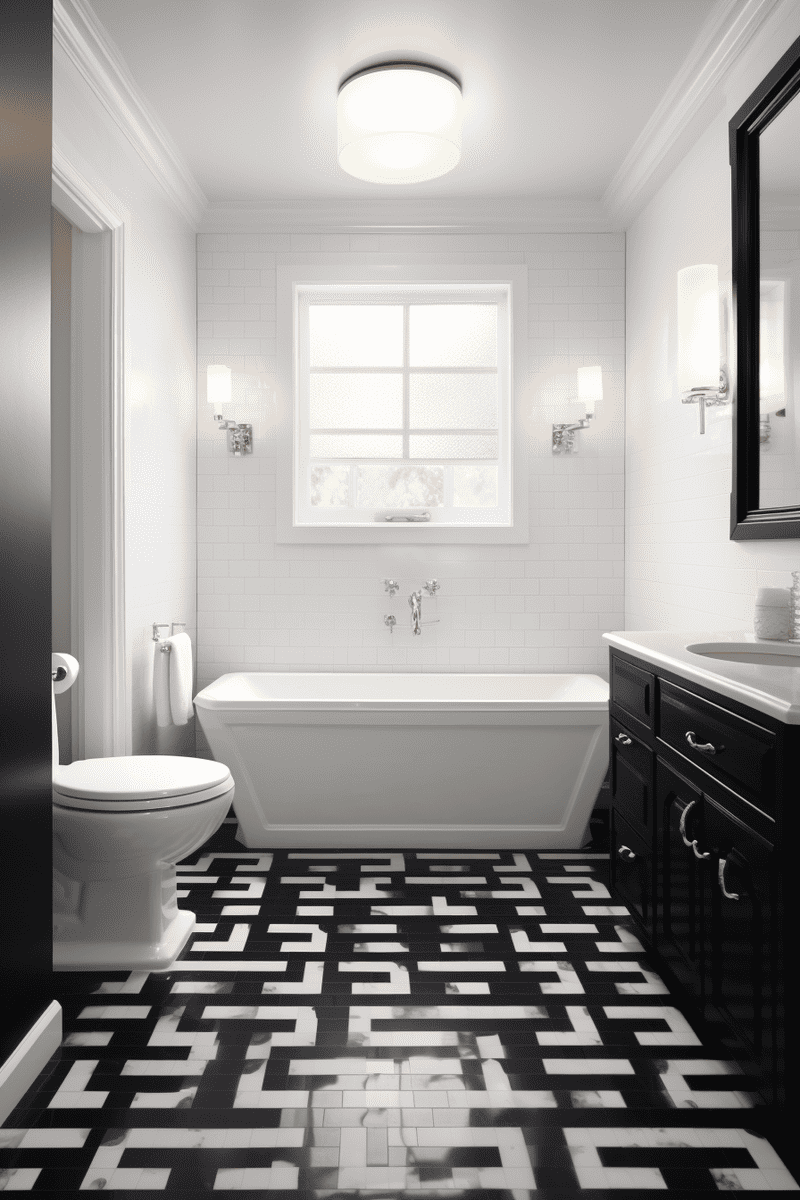 Maze-designed black tile bathroom floor, a white detailed and cheery alternative to entirely black options.
