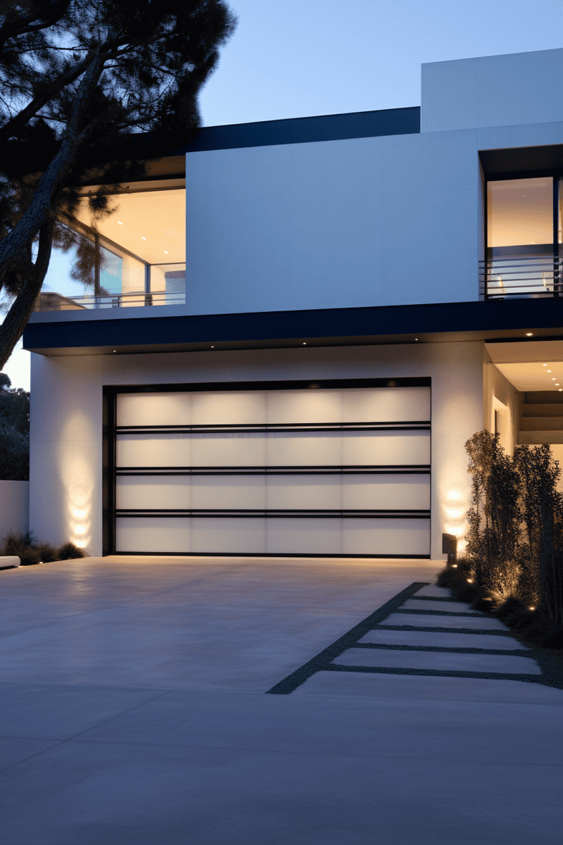 Modern and discreet garage door design seamlessly blending with the home's exterior walls.