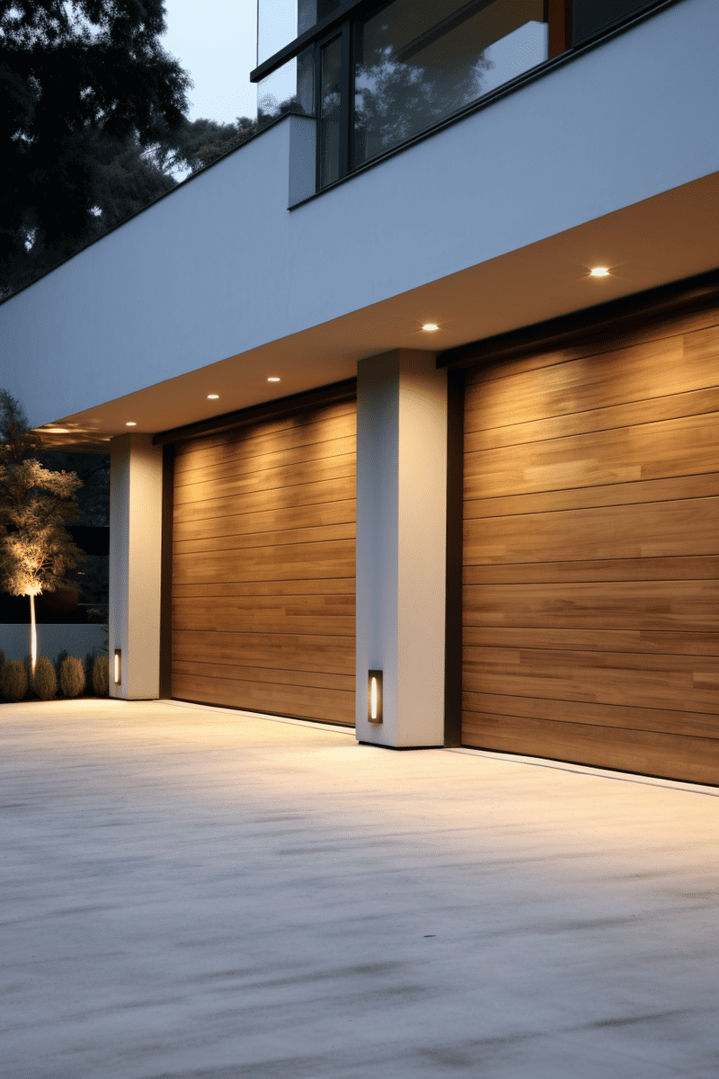 Modern garage design with natural wood wrap or vinyl, matching wood overhead, and modern exterior light fixtures.