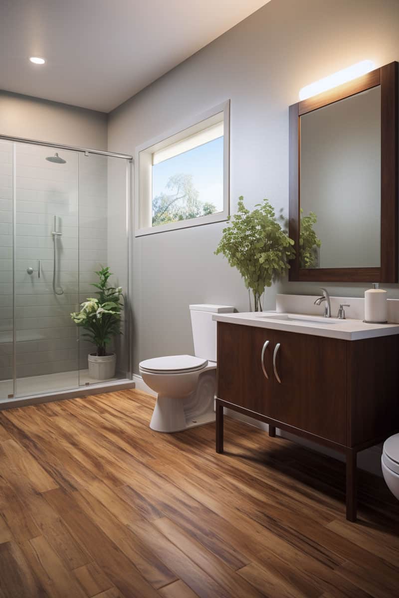 image of a bathroom with solid hardwood flooring, capturing the elegance and modernity it adds to the space