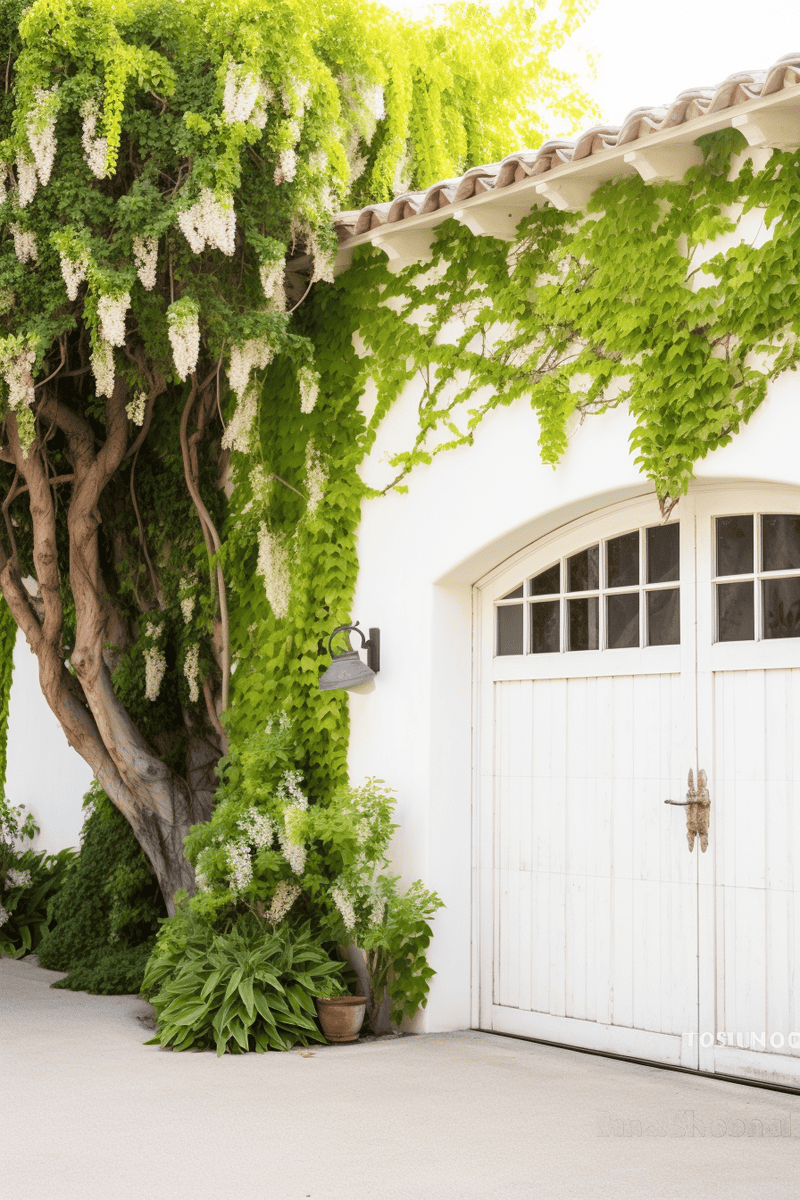 Off-white garage exterior with vines growing up the sides, a beautiful way to add greenery and test your gardening skills