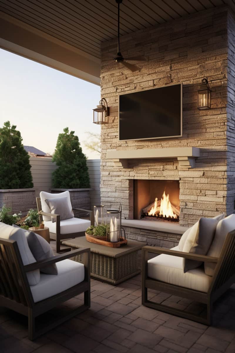luxurious back patio featuring a faux chimney, fireplace, television, and living room furnishings