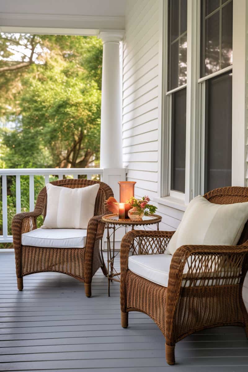 farmhouse-style porch with traditional rattan chairs and a small side table
