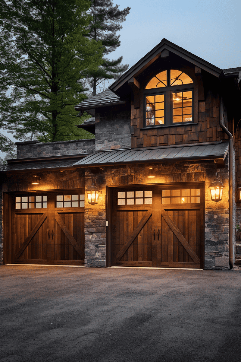 Reclaimed wood garage exterior with uneven stone siding, matching style door, and rustic overhead lighting. 
