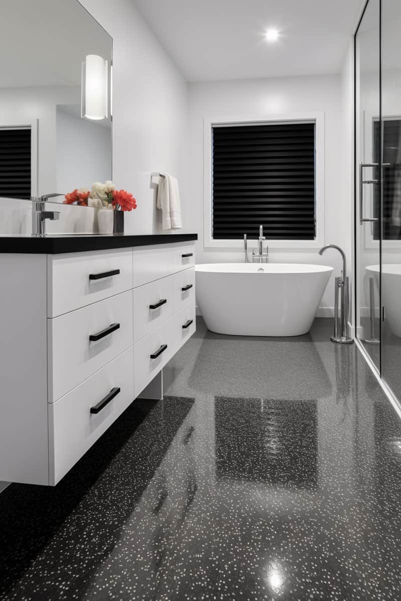 image of a bathroom with solid rubber flooring, capturing the elegance and modernity it adds to the space