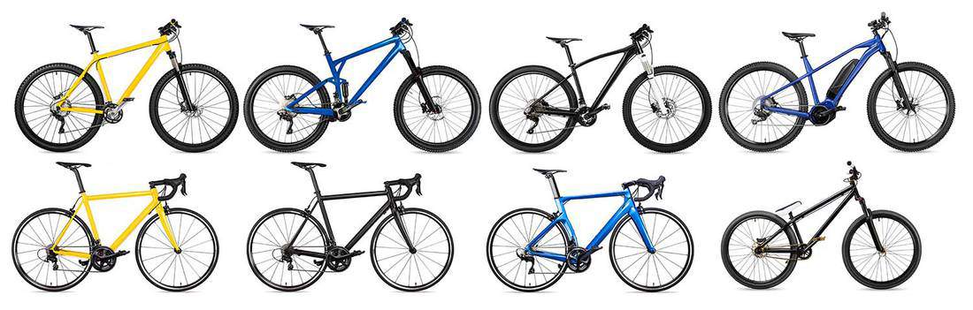 Ensemble de collection de divers modèles de vélos et de vélos électriques