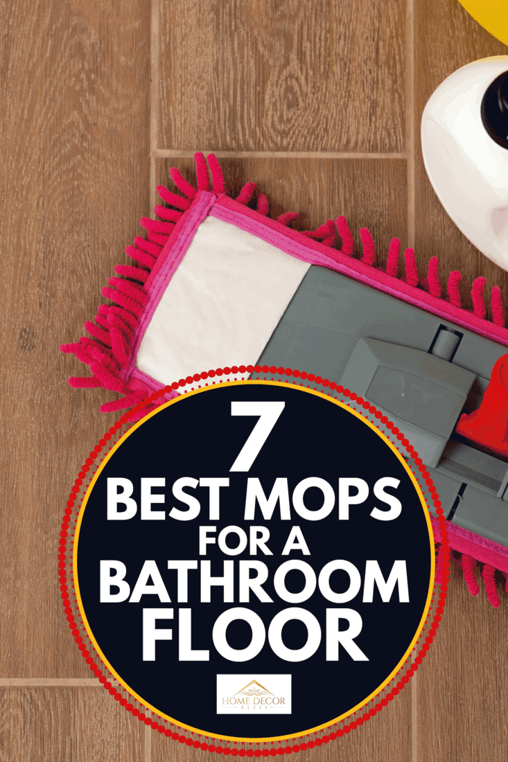 Top view of a pink mop on brown tile floor. 7 Best Mops For A Bathroom Floor