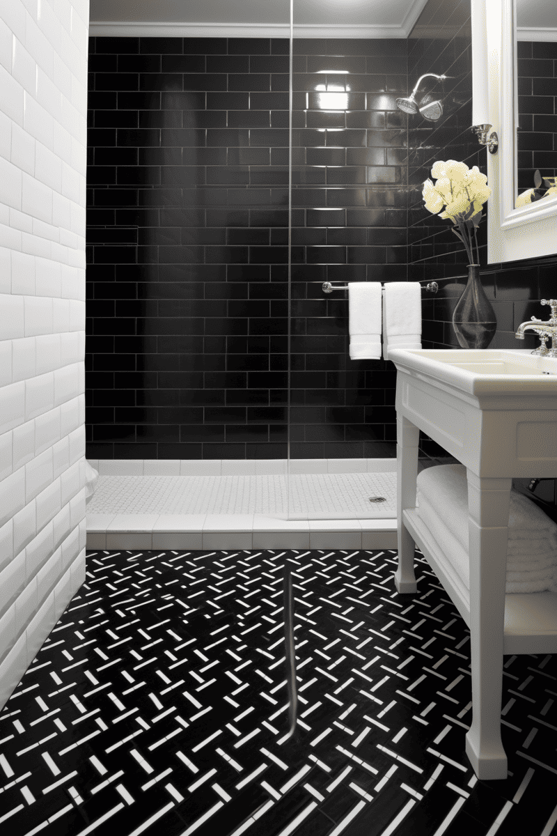 Unique wicker-patterned black tile bathroom floor. Matching shower floor complements white tile walls.