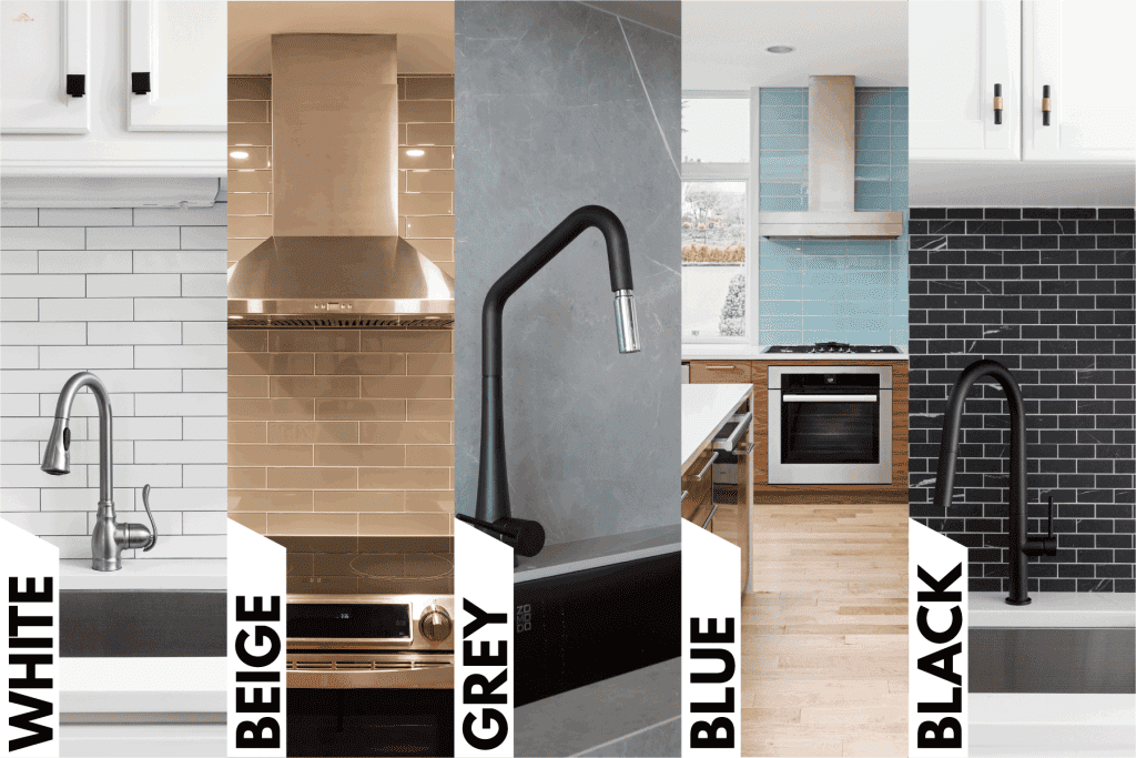 Collaged photo of different modern kitchens with different colored backsplashes, What Color Backsplash Goes With Oak Cabinets?