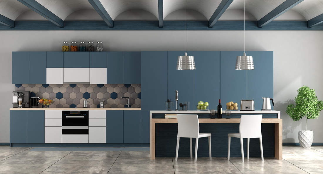 White and blue contemporary kitchen with arched ceiling and cement floo