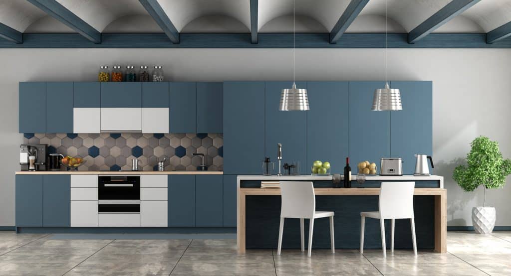 White and blue contemporary kitchen with arched ceiling and cement floor